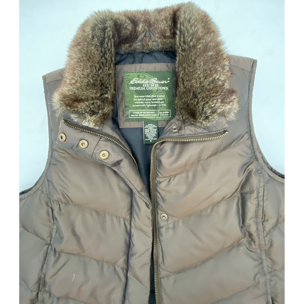 Eddie‎ Bauer Womens Brown Down Vest Faux Fur Collar Premium Goose Down Size S - Picture 14 of 14